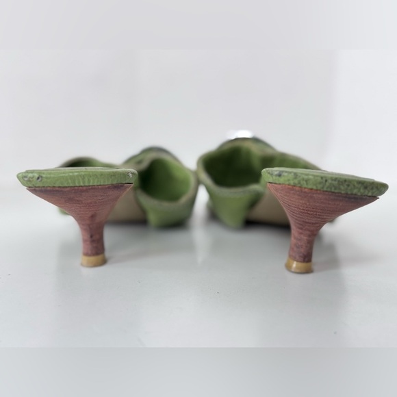 Dr Scholls Green Zodiac Leather Thong Kitten Heel Sandals Silver Buckle Size 8 - Picture 6 of 9